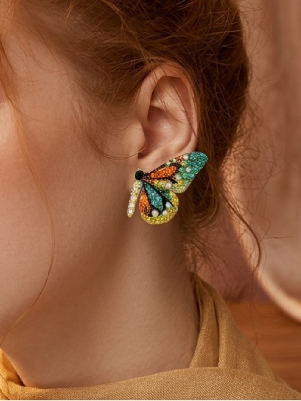 Butterfly Crystal Stud Earrings in Green & Yellow